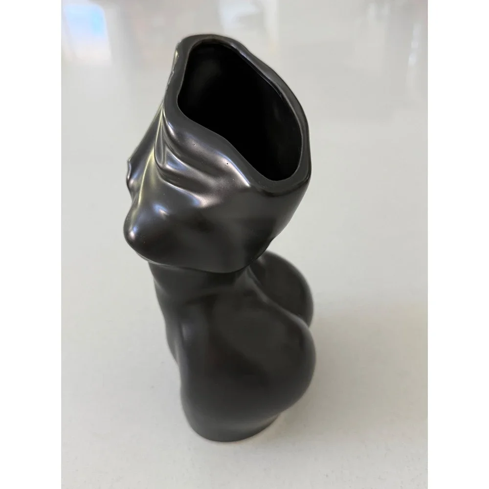 Matte Black Ceramic Female Torso Vase Draped Body Sculptural Modern Decor
